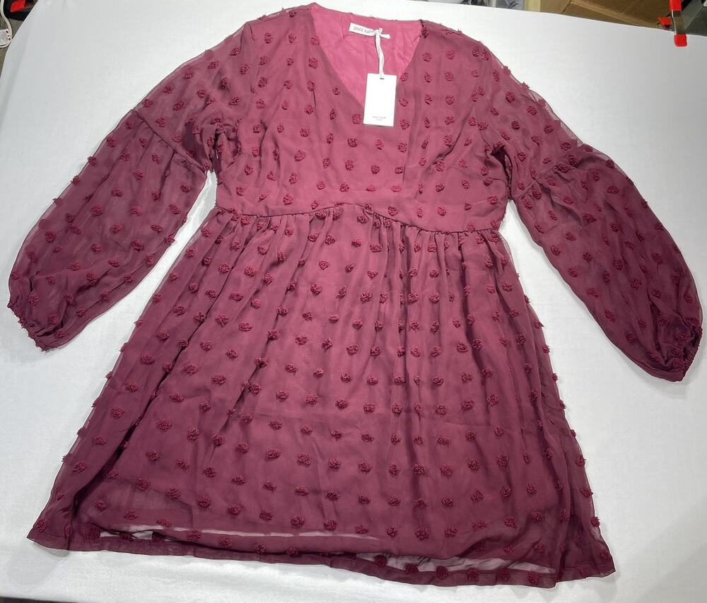 GRACE KARIN Women XL Wine Red Swiss Dot Chiffon V-Neck Long Sleeve Dress NWT